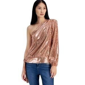 INC International Concepts Women's One-Shoulder Sequined Top in Rose Gold
